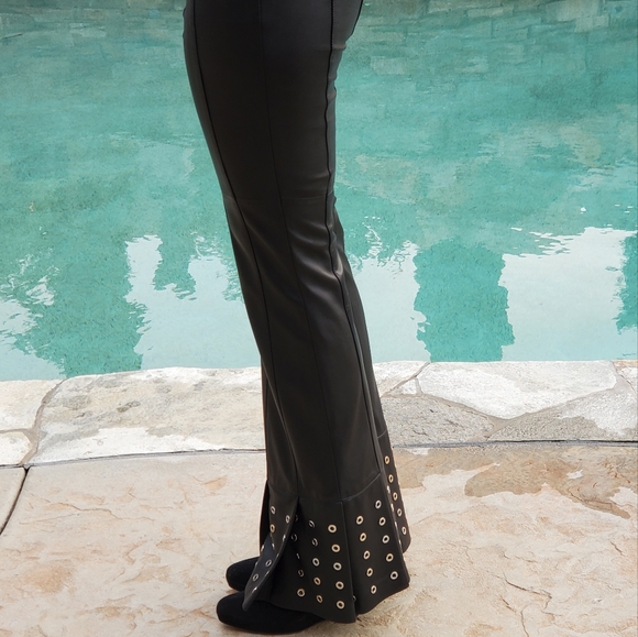 ESCADA BLACK LEATHER BELL BOTTOM PANTS - Picture 7 of 14